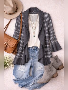 White House Black Market Striped Black And Grey Cardigan